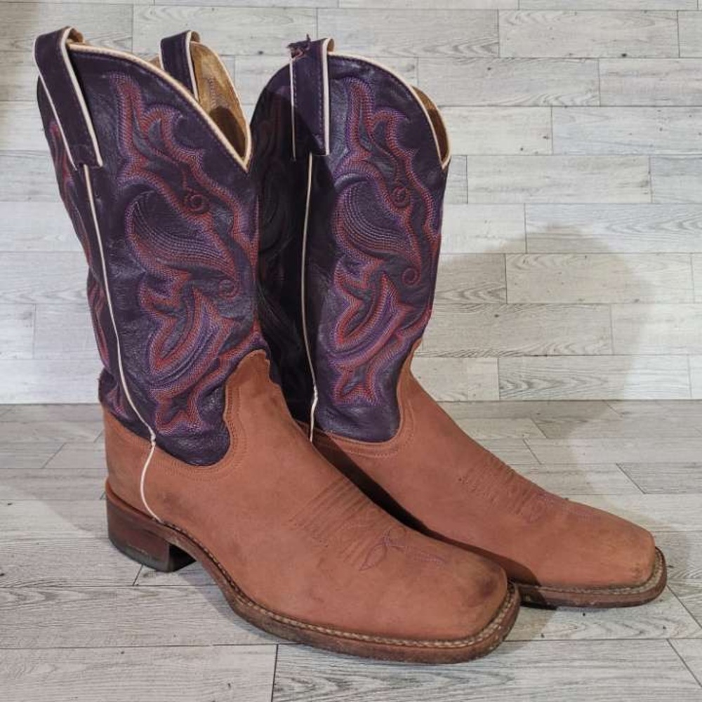 Nocona Brown Leather Foot with Purple Embroidered Shaft Western Boots